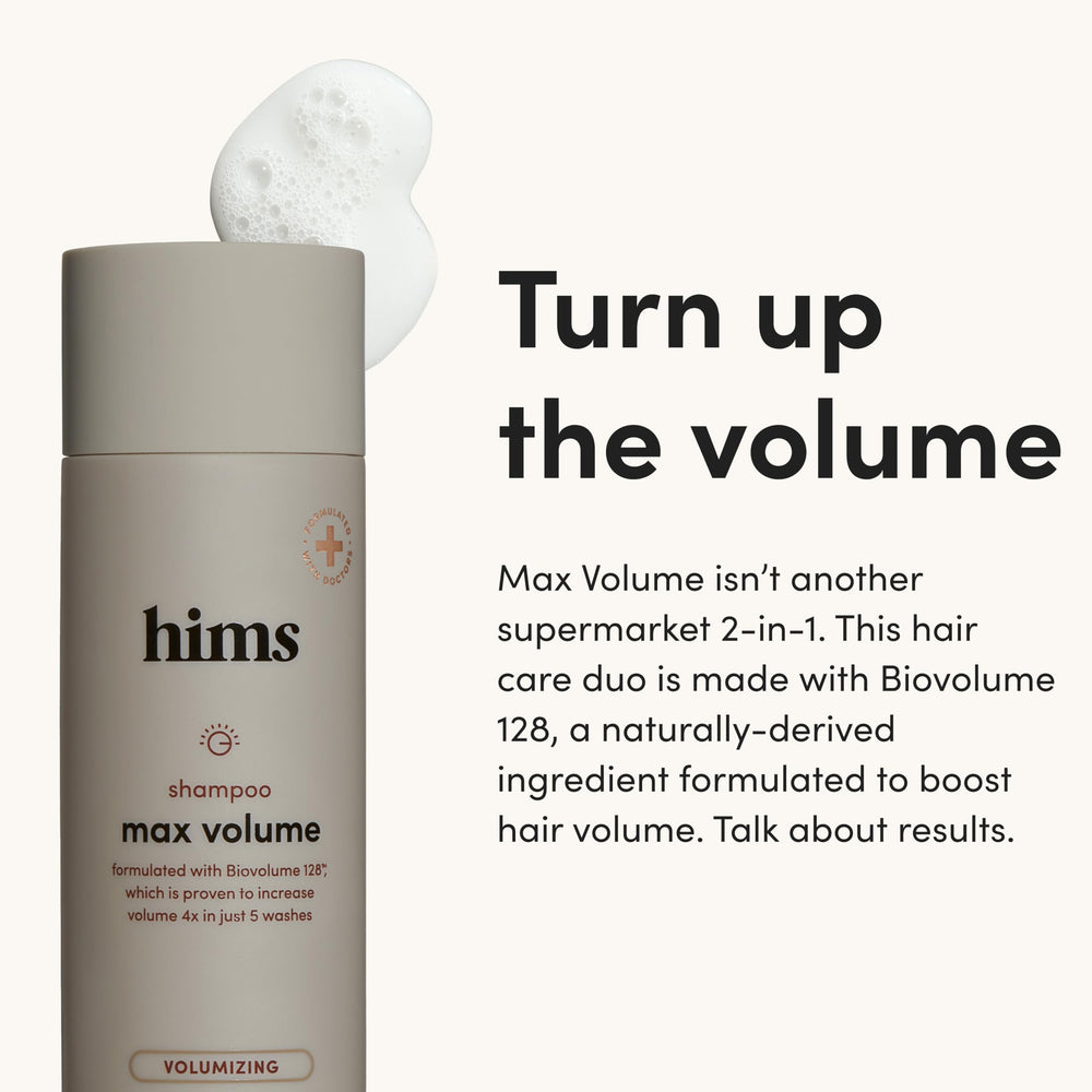 Hims Max Volume conditioner bottle emphasizes lightweight moisture and scalp nourishment