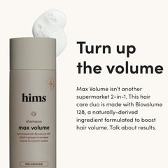 Hims Max Volume conditioner bottle emphasizes lightweight moisture and scalp nourishment