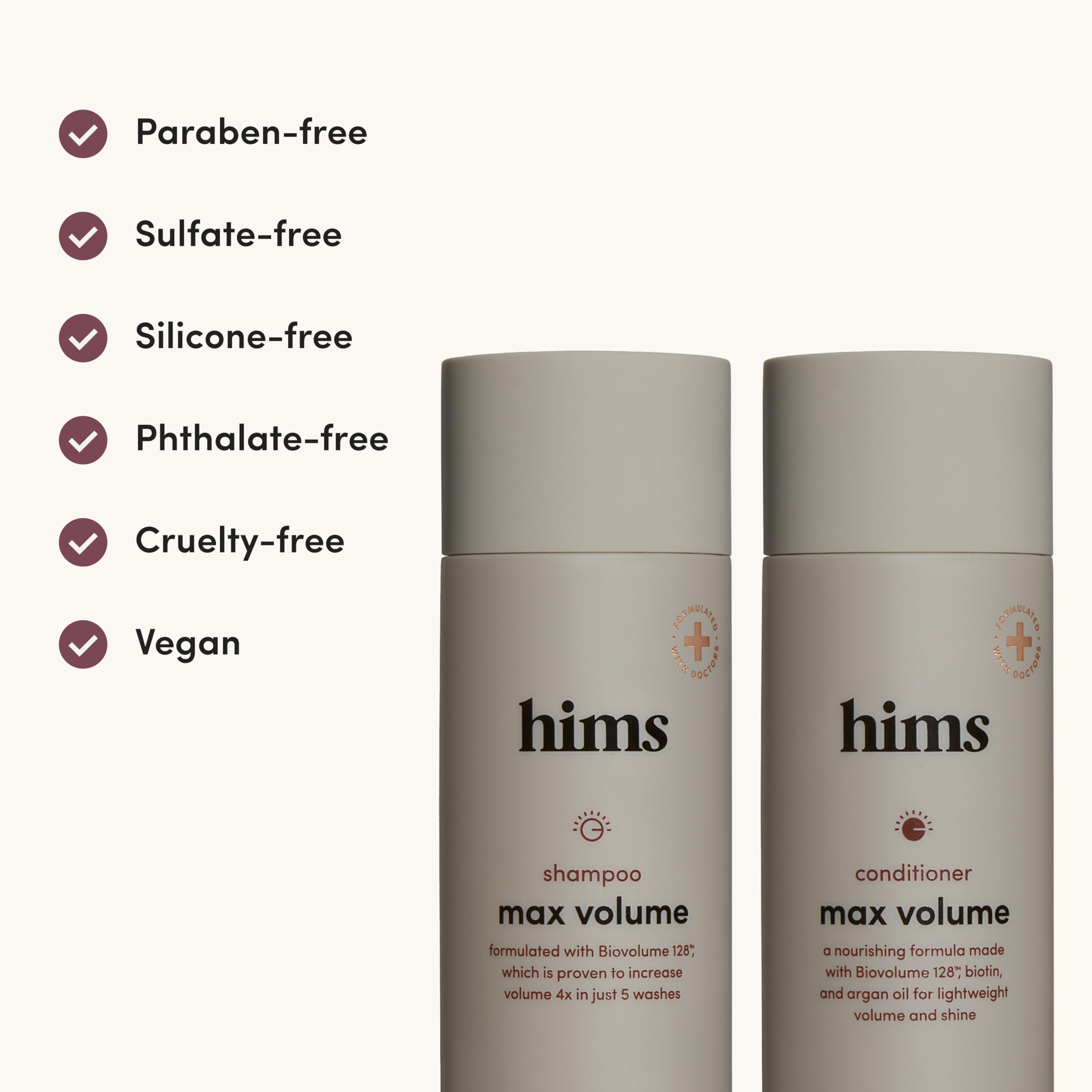Hims Max Volume ingredients carousel displays vegan cruelty-free formulation