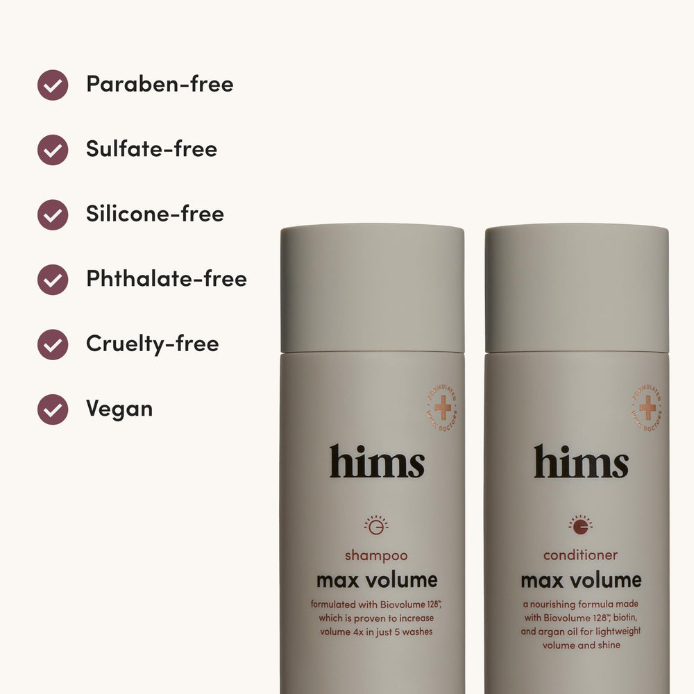Hims Max Volume ingredients carousel displays vegan cruelty-free formulation