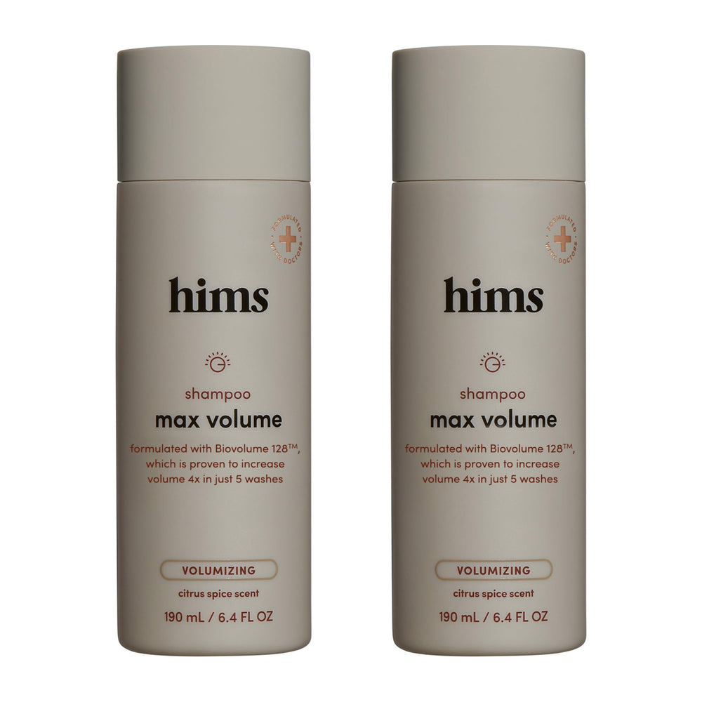 Hims Max Volume Shampoo bottle pour demonstrates easy application and lift.