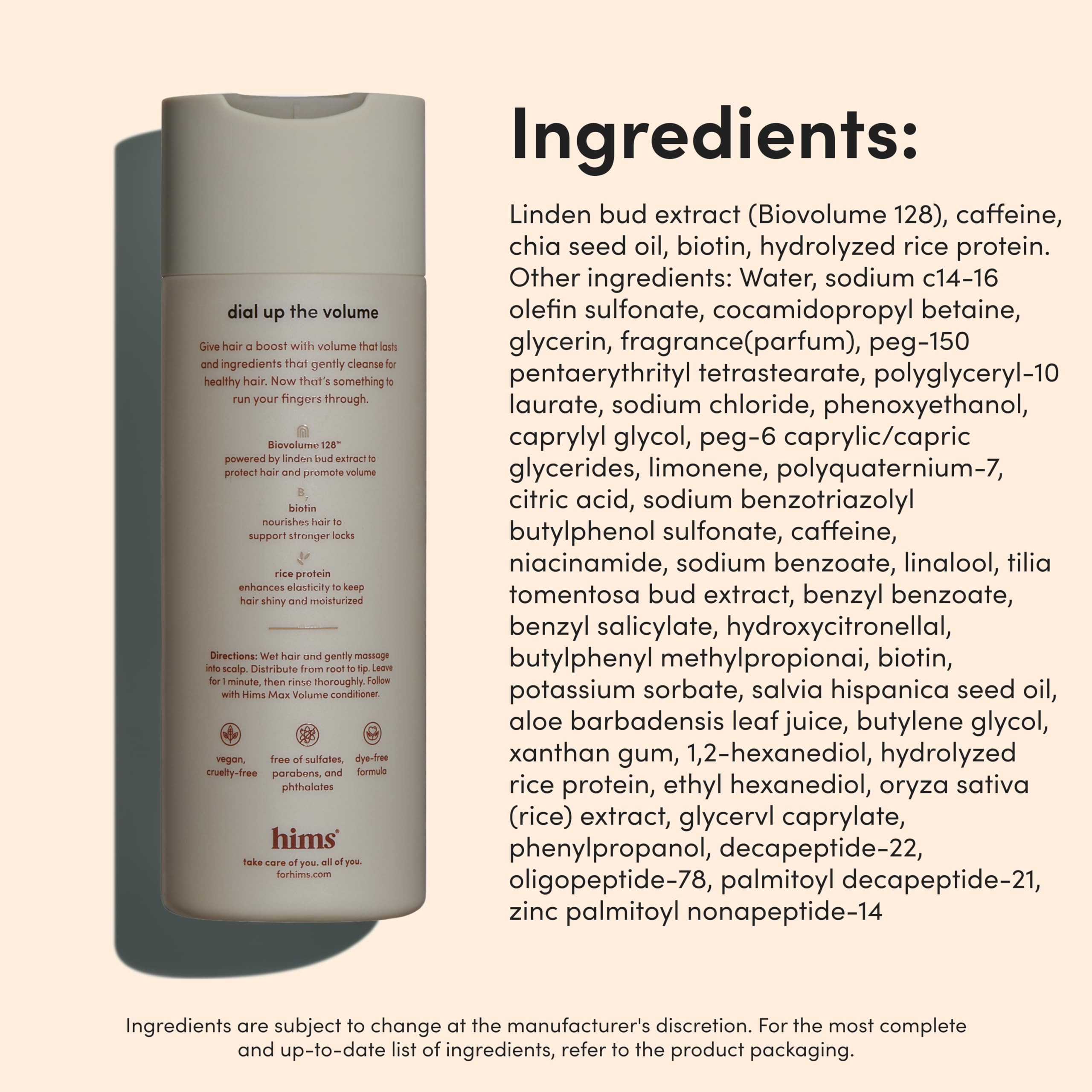 Hims Max Volume Shampoo Citrus Spice scent closeup on packaging.