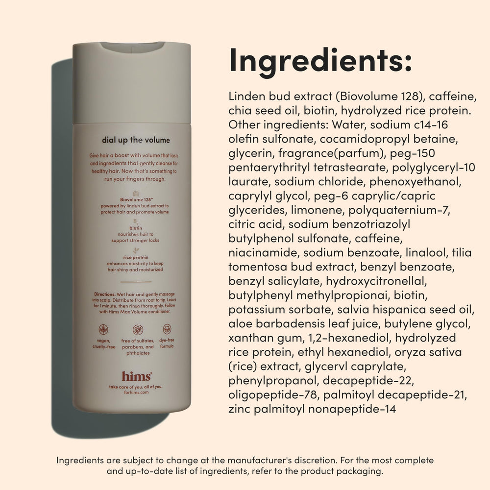Hims Max Volume Shampoo Citrus Spice scent closeup on packaging.