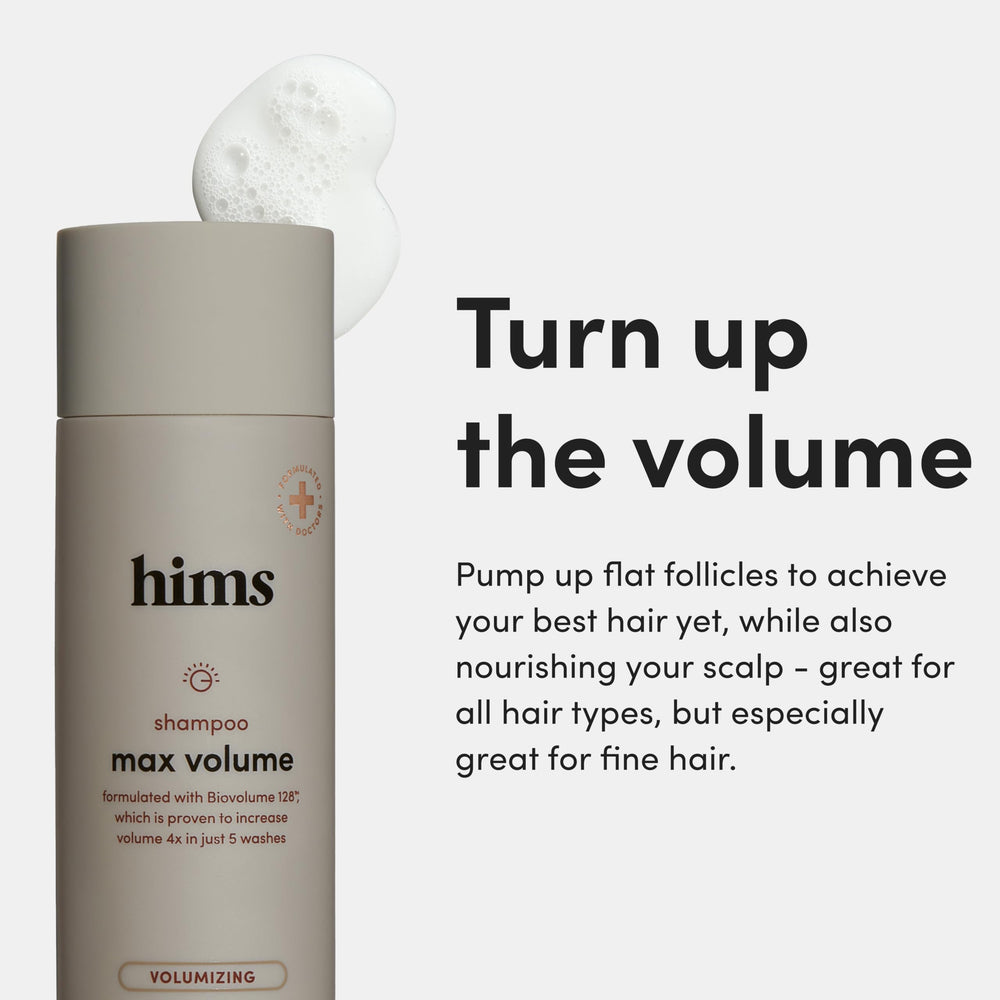Hims Max Volume Shampoo hair-volume closeup shows root lift and fullness.