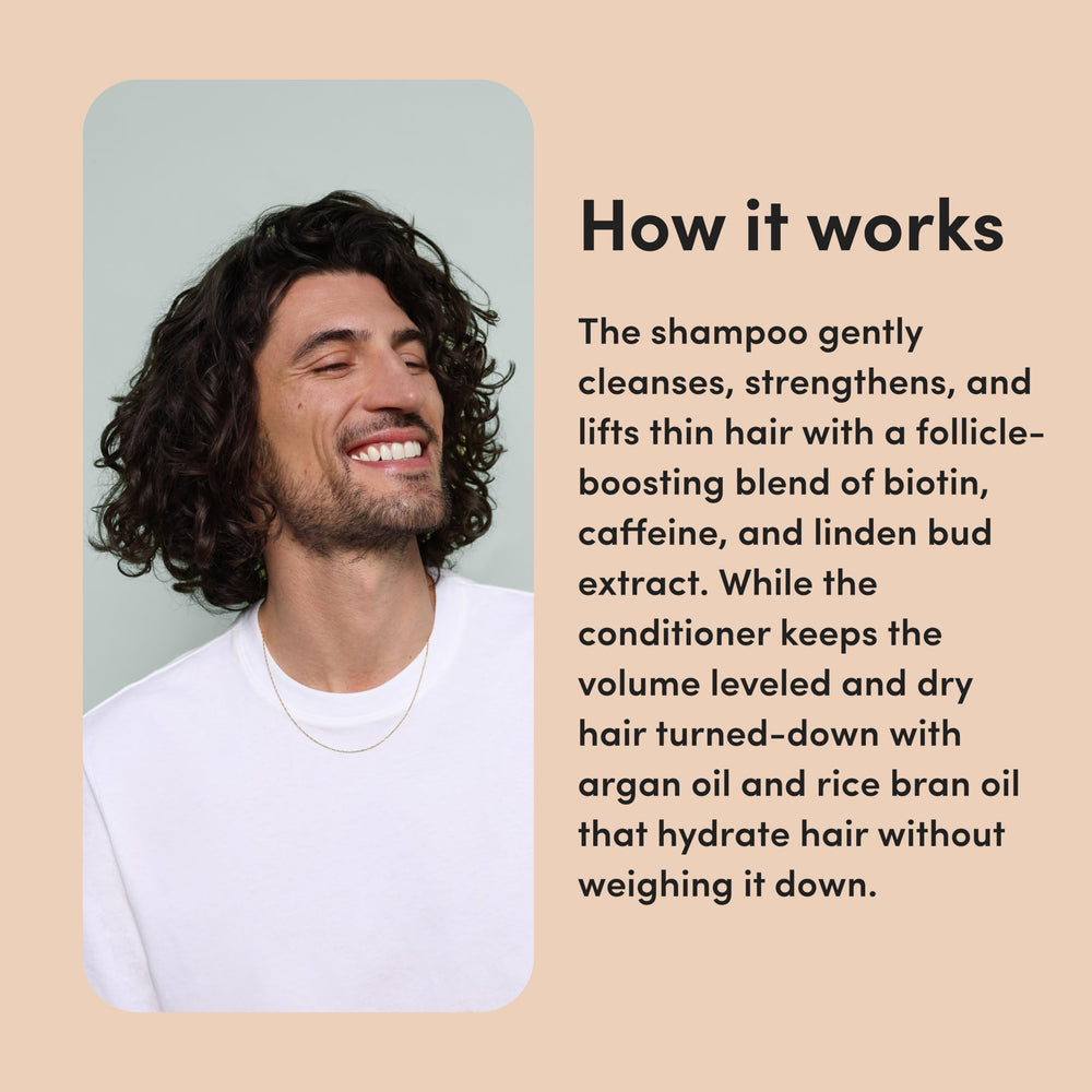 Hims Max Volume shampoo lather scene demonstrates easy rinse and clean feel