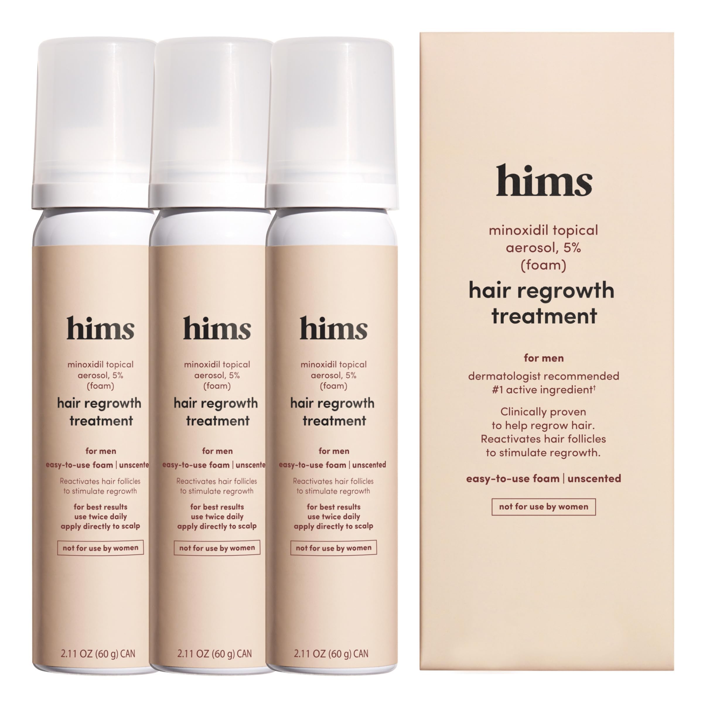 Hims minoxidil 5% bottle for daily scalp treatment promoting fuller hair.