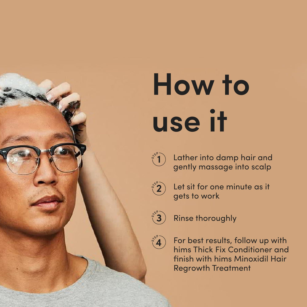 Hims Thick Fix Shampoo 2-pack packaging shown for convenient routine.