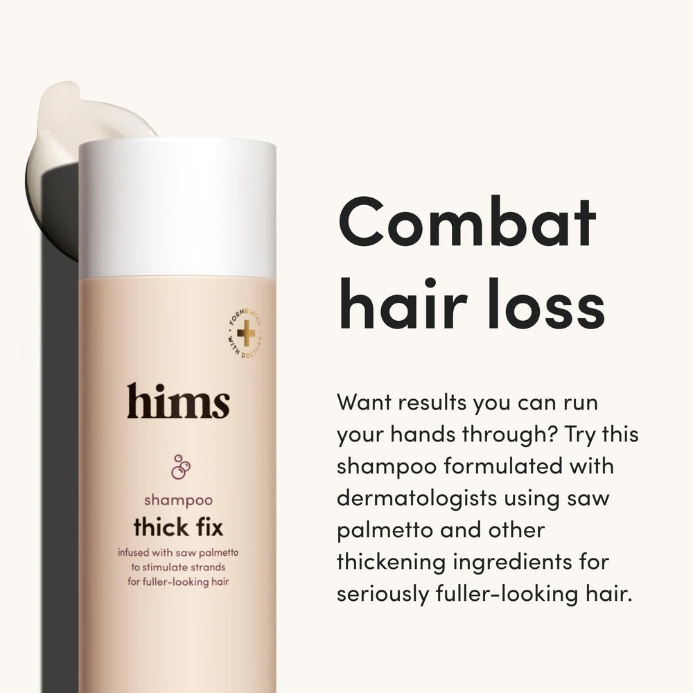 Hims Thick Fix Shampoo back label highlights cruelty-free claim and gentle ingredients.
