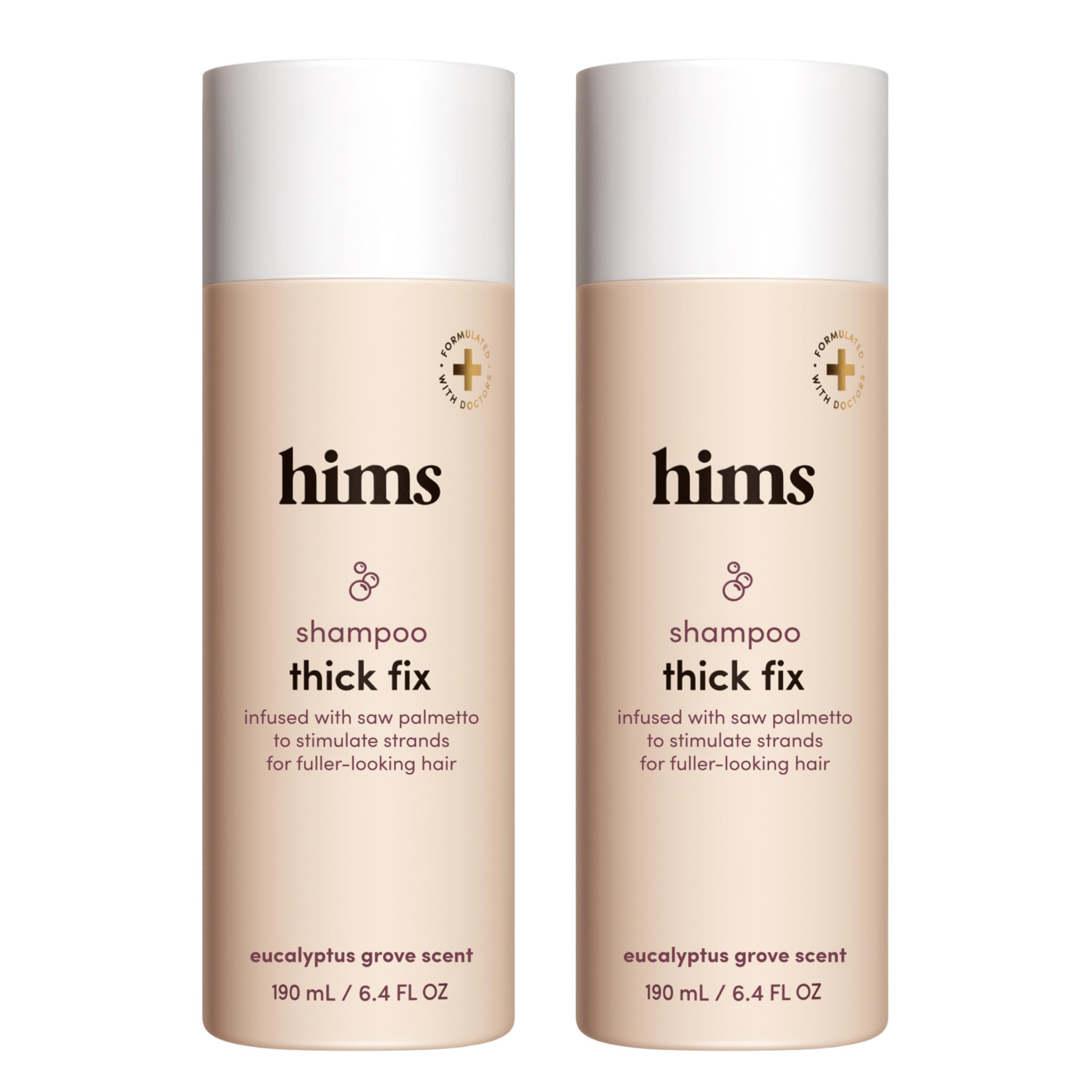 Hims Thick Fix Shampoo bottle front shows vegan formula for scalp care.