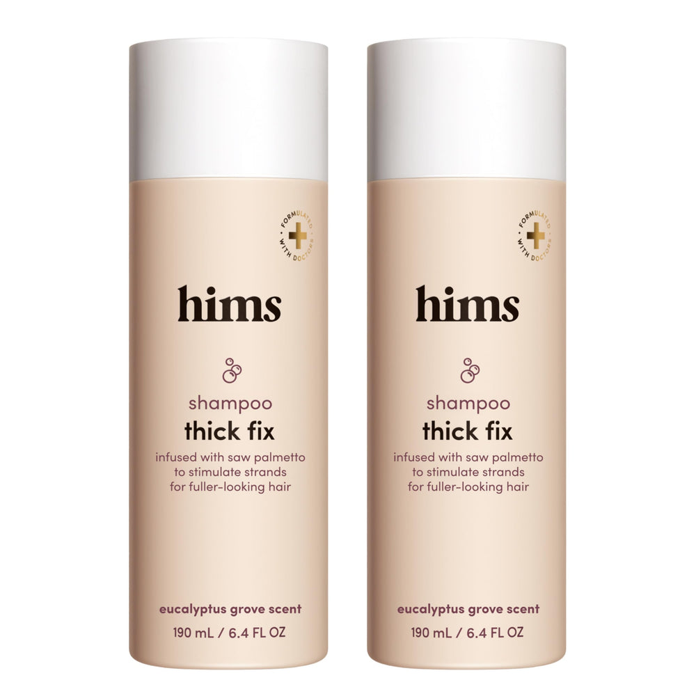 Hims Thick Fix Shampoo bottle front shows vegan formula for scalp care.