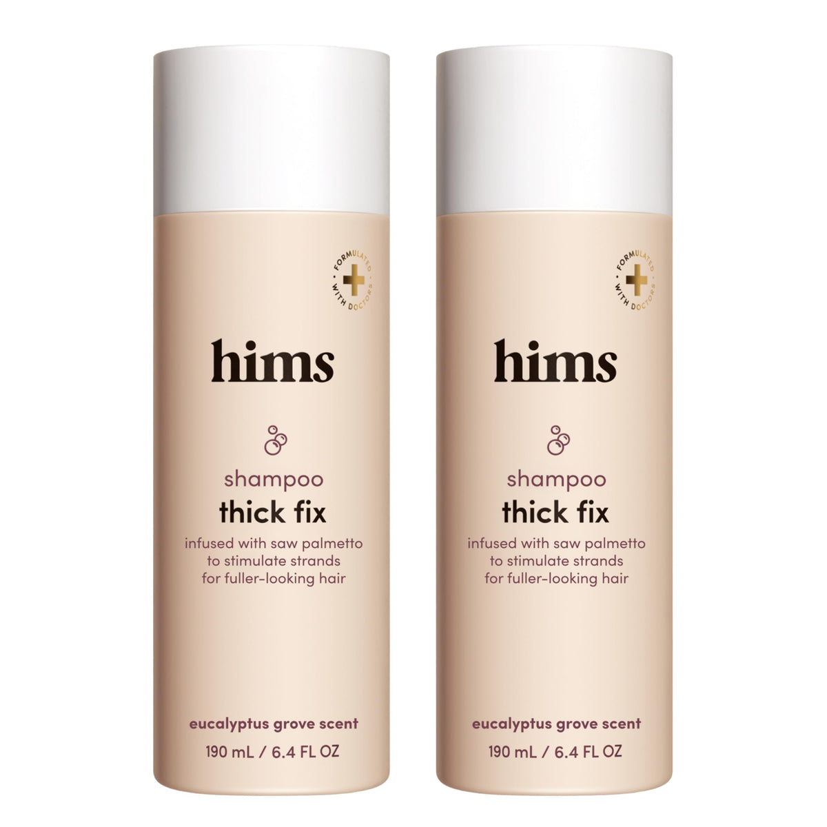 Hims Thick Fix Shampoo bottle front shows vegan formula for scalp care.