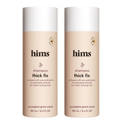 Hims Thick Fix Shampoo bottle front shows vegan formula for scalp care.