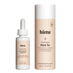 Hims Thick Fix shampoo bottle front showing moisturizing, color-safe formula for fuller-looking hair.