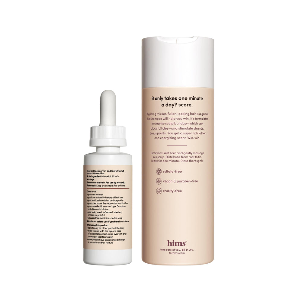 Hims Thick Fix shampoo bottle side reveals gentle, sulfate-free cleansing for scalp health.
