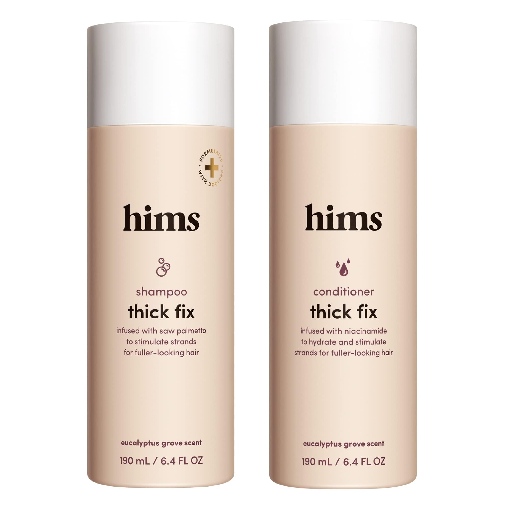 Hims Thick Fix shampoo bottle with rich foam for fuller-looking hair daily cleansing