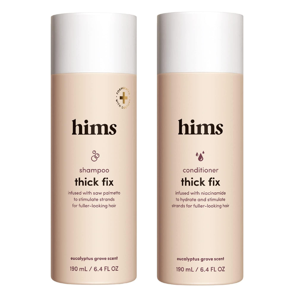 Hims Thick Fix shampoo bottle with rich foam for fuller-looking hair daily cleansing