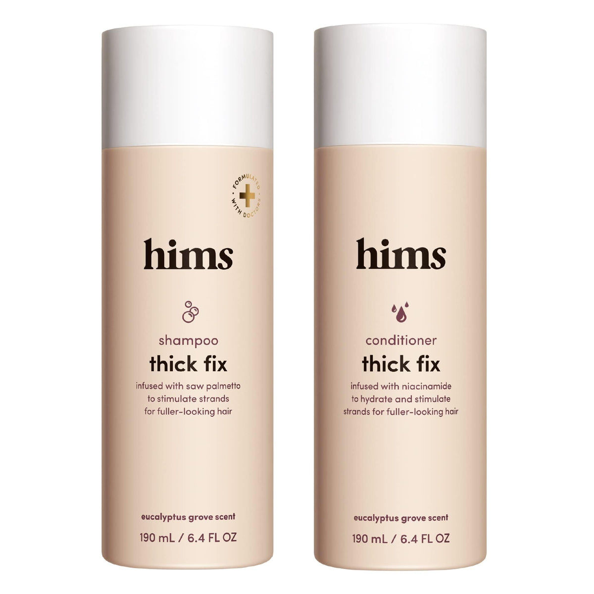 Hims Thick Fix shampoo bottle with rich foam for fuller-looking hair daily cleansing