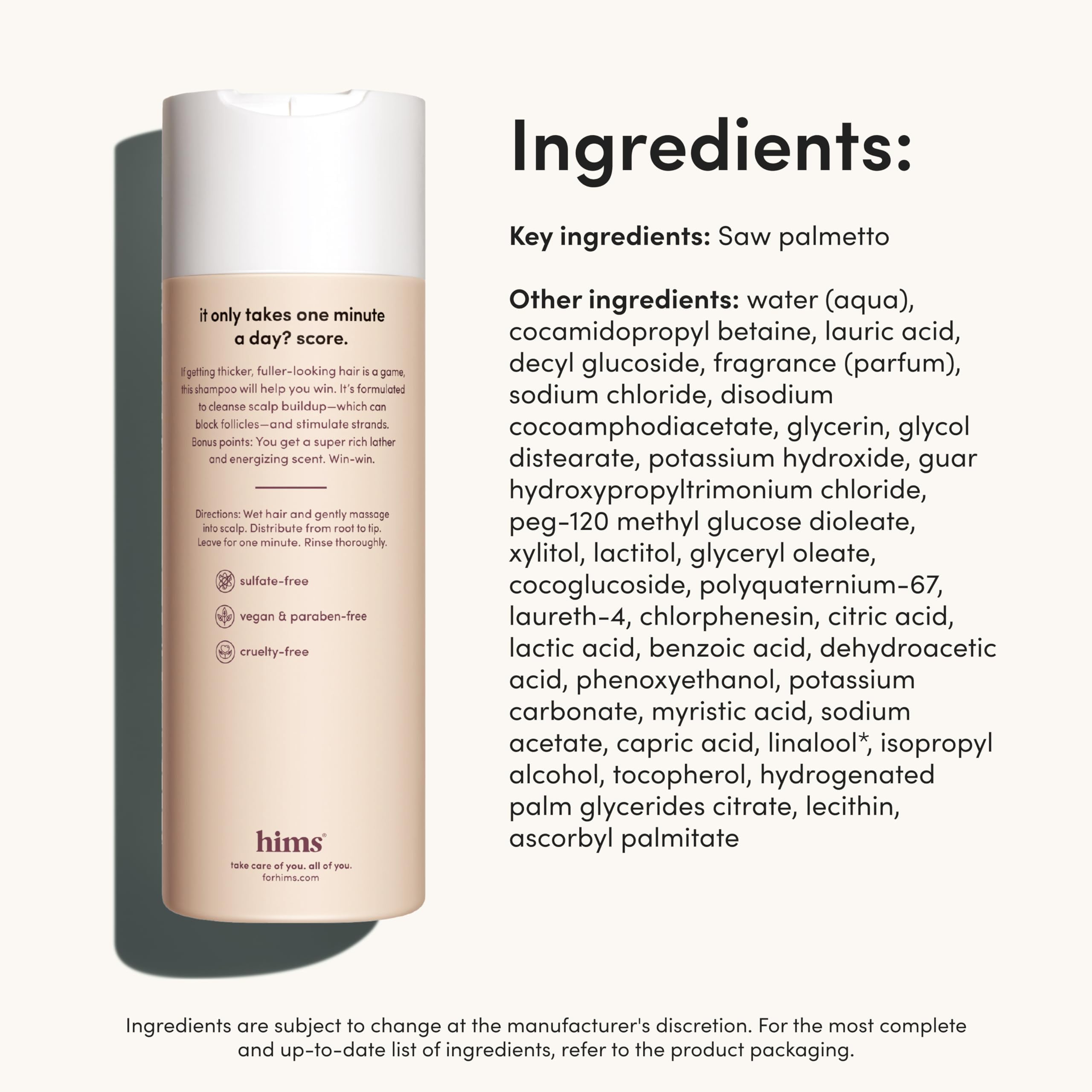 Hims Thick Fix Shampoo cruelty-free symbol visible on product image.