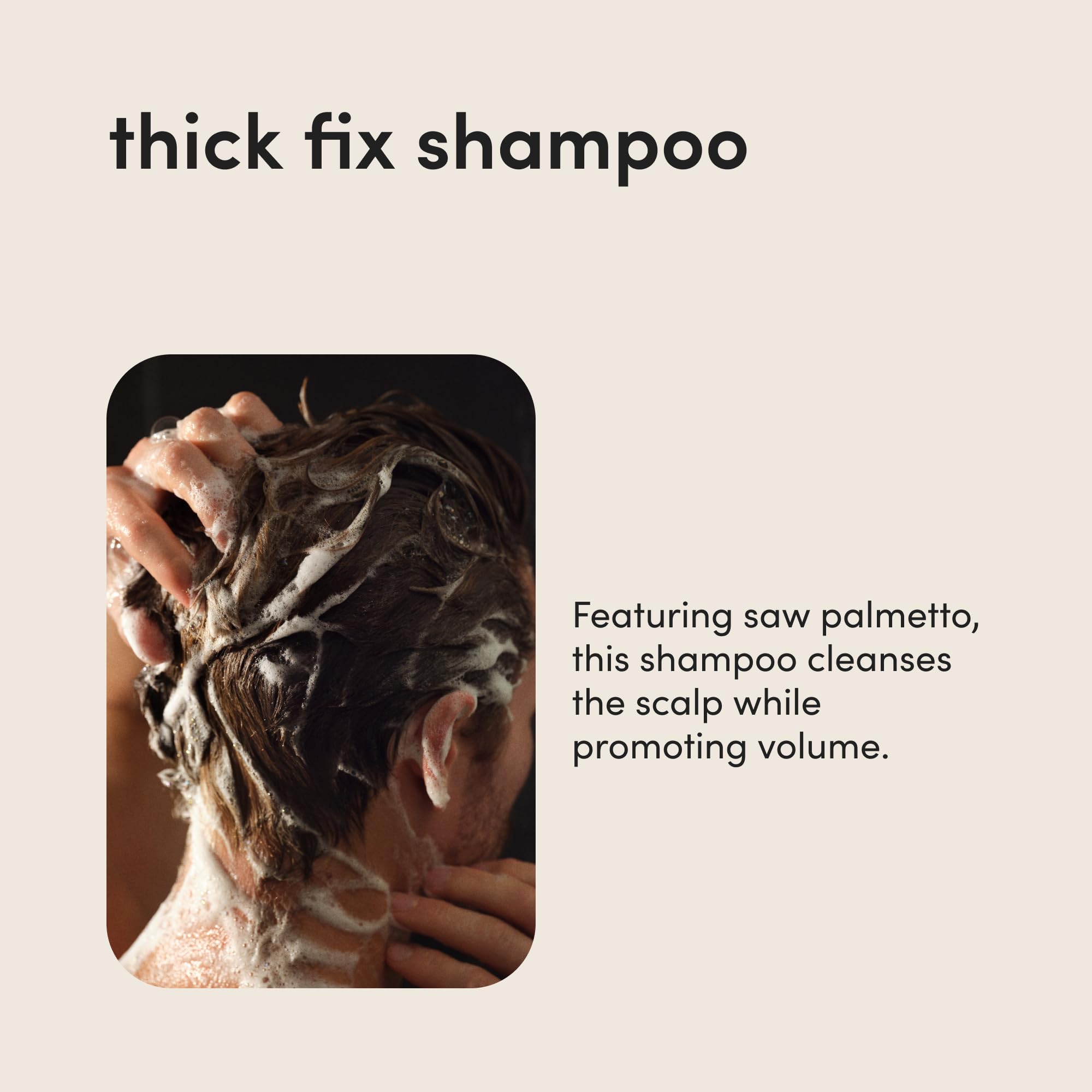 Hims Thick Fix shampoo label detail highlights DHT-blocking and nourishing ingredients.