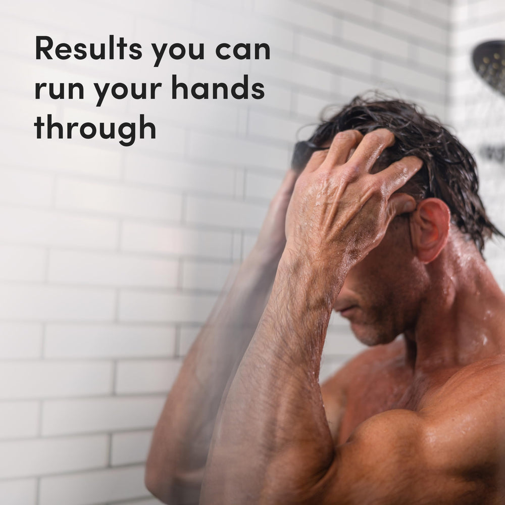 Hims Thick Fix shampoo lather close-up emphasizes refreshing eucalyptus aroma