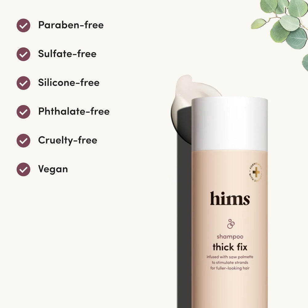 Hims Thick Fix Shampoo infused with saw palmetto for potential follicle support.