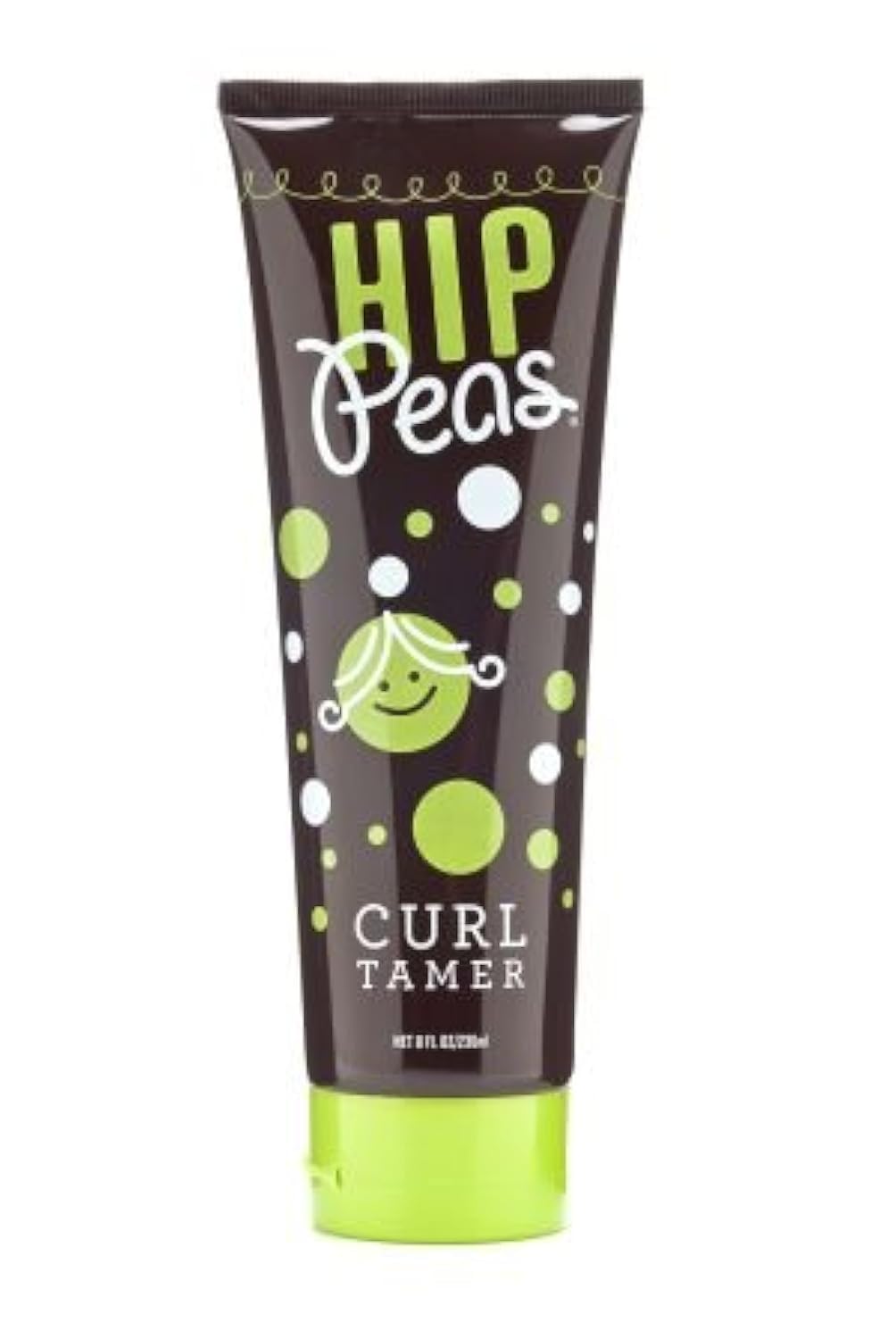 Hip Peas Natural Curl Tamer bottle closeup showing toxin-free frizz control and curl definition.