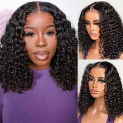 HIRIREMY Deep Wave Bob Wig close-up reveals natural hairline and soft, bouncy curls.