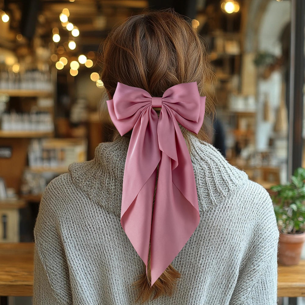Hisial long-tail satin bow clip creates dramatic updo details
