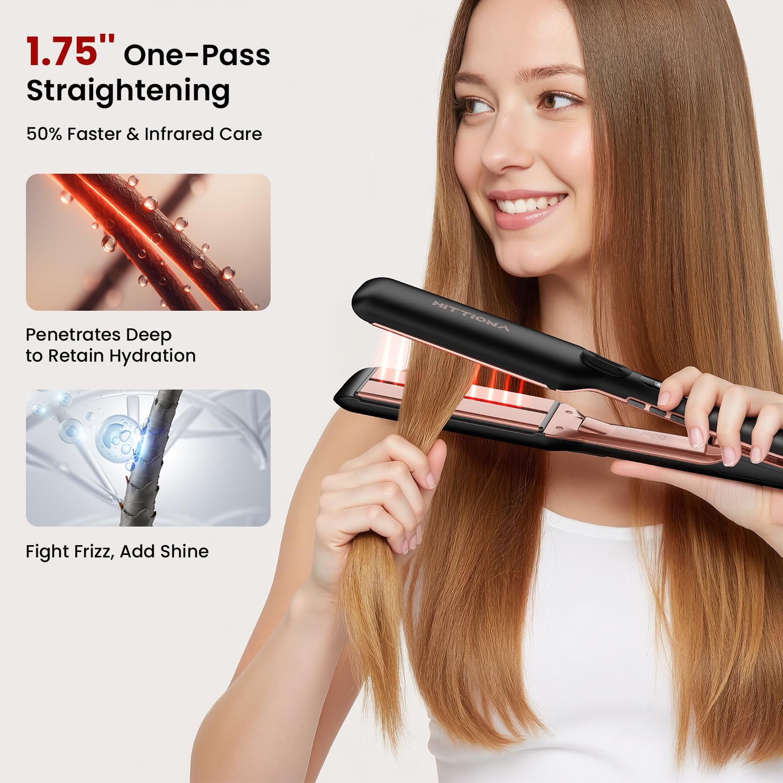 HITTIONA flat iron 1.75-inch plates deliver faster, snag-free straightening for thick hair.