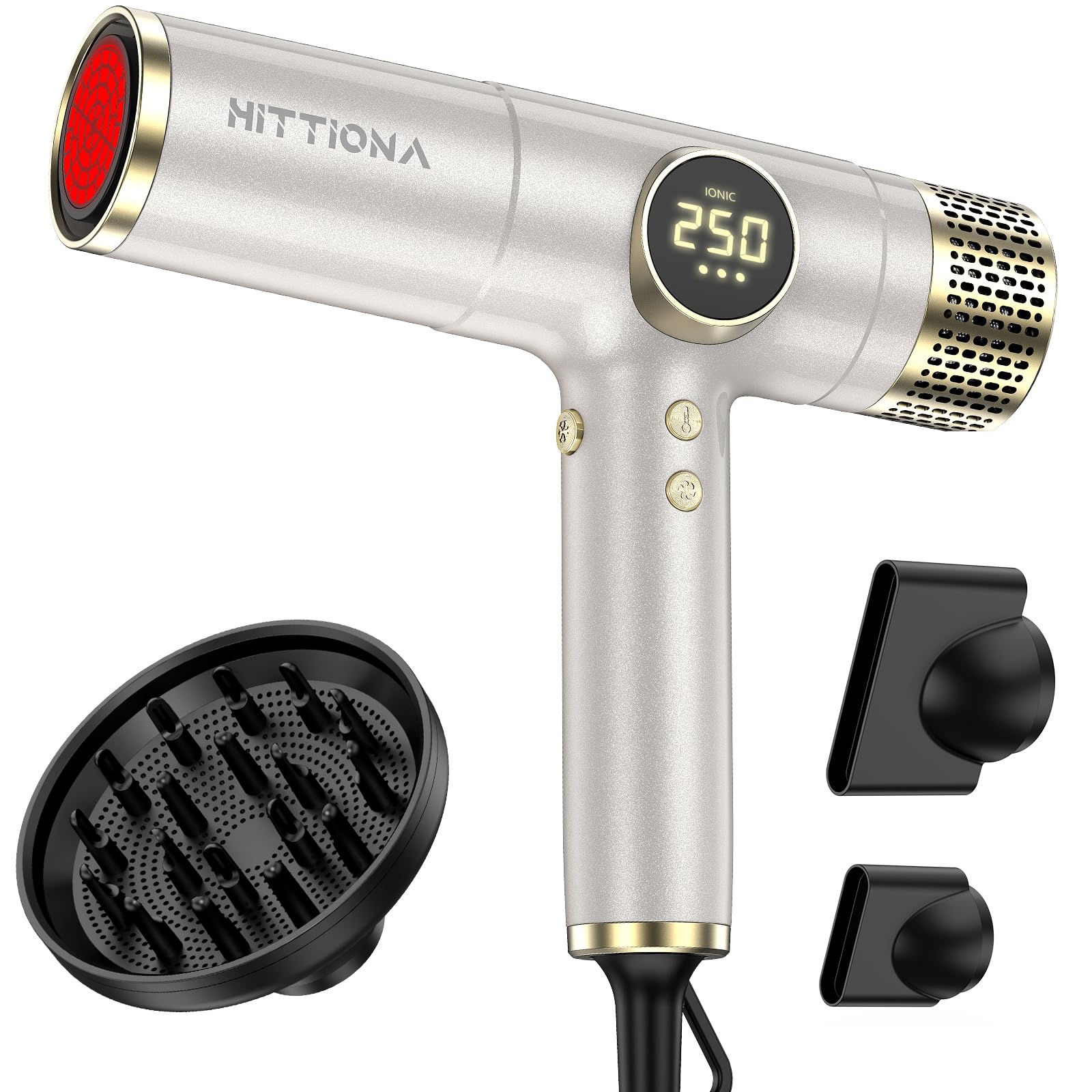 HITTIONA infrared ionic hair dryer front view showing compact travel-ready design