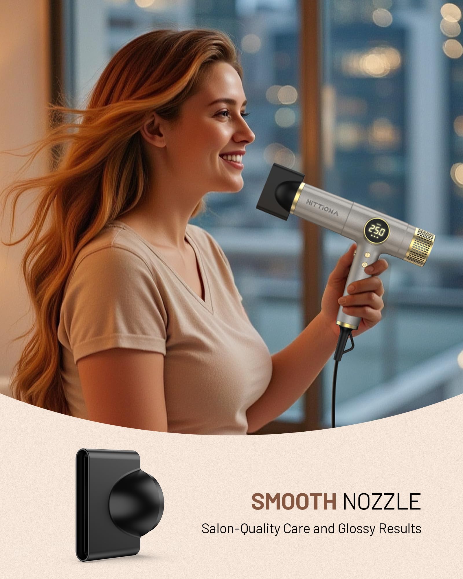 HITTIONA three magnetic attachments include concentrator, smoothing nozzle, and diffuser.