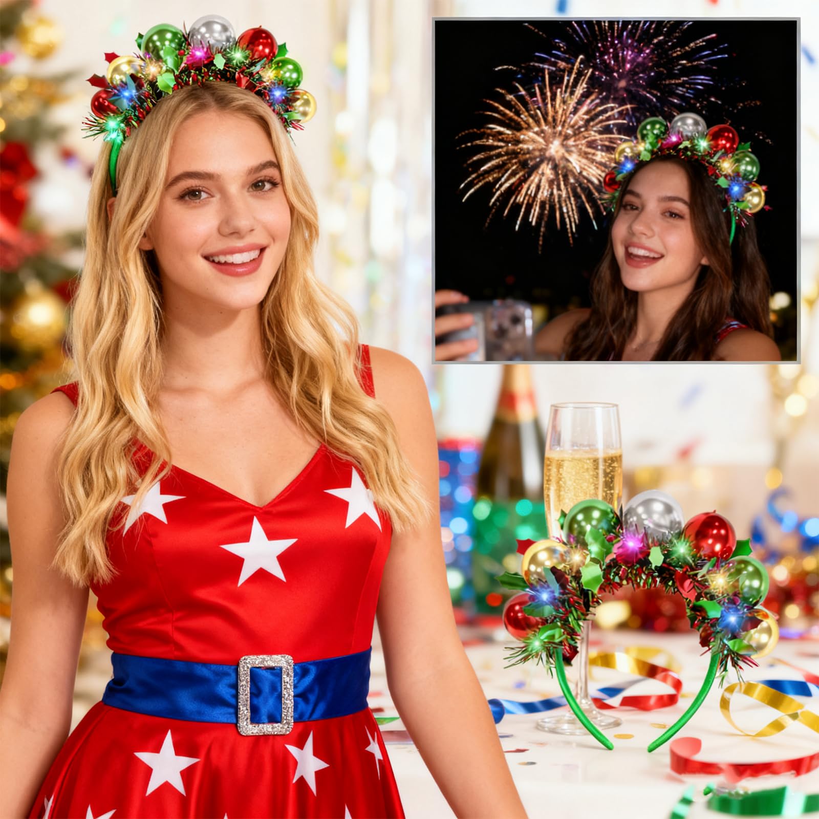 Hiwtonk Christmas LED headband worn with festive outfit for holiday look