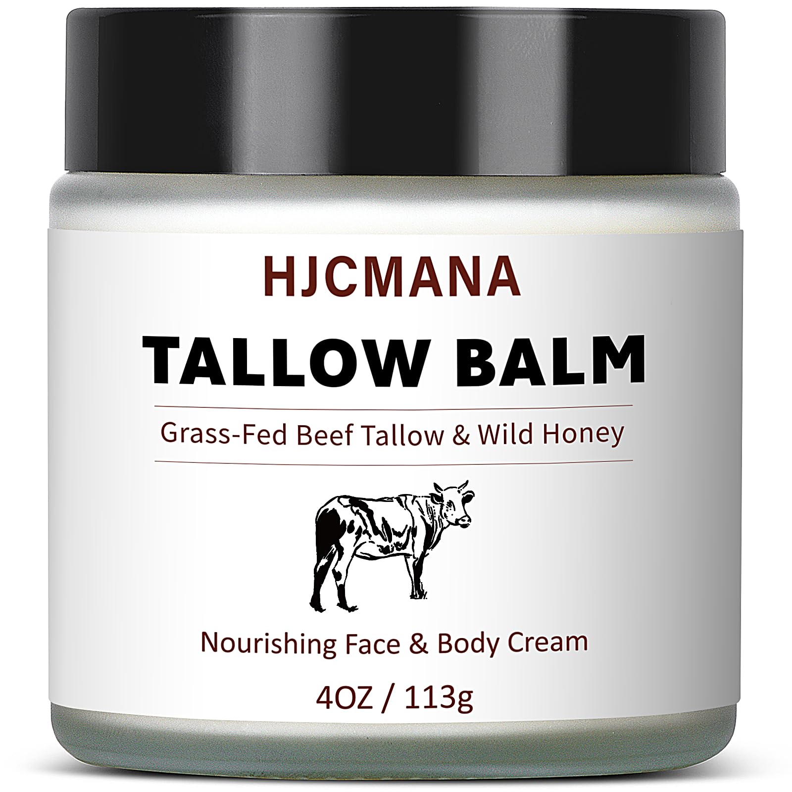 HJCMANA Beef Tallow Balm jar closeup showing unscented, deep hydration for skin
