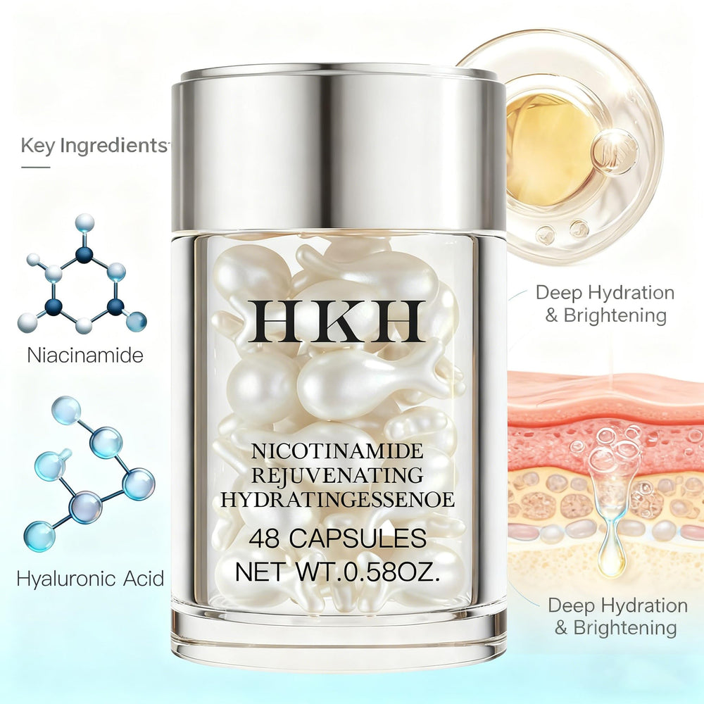 Closeup of HKH capsules highlighting gentle high-potency niacinamide for daily use