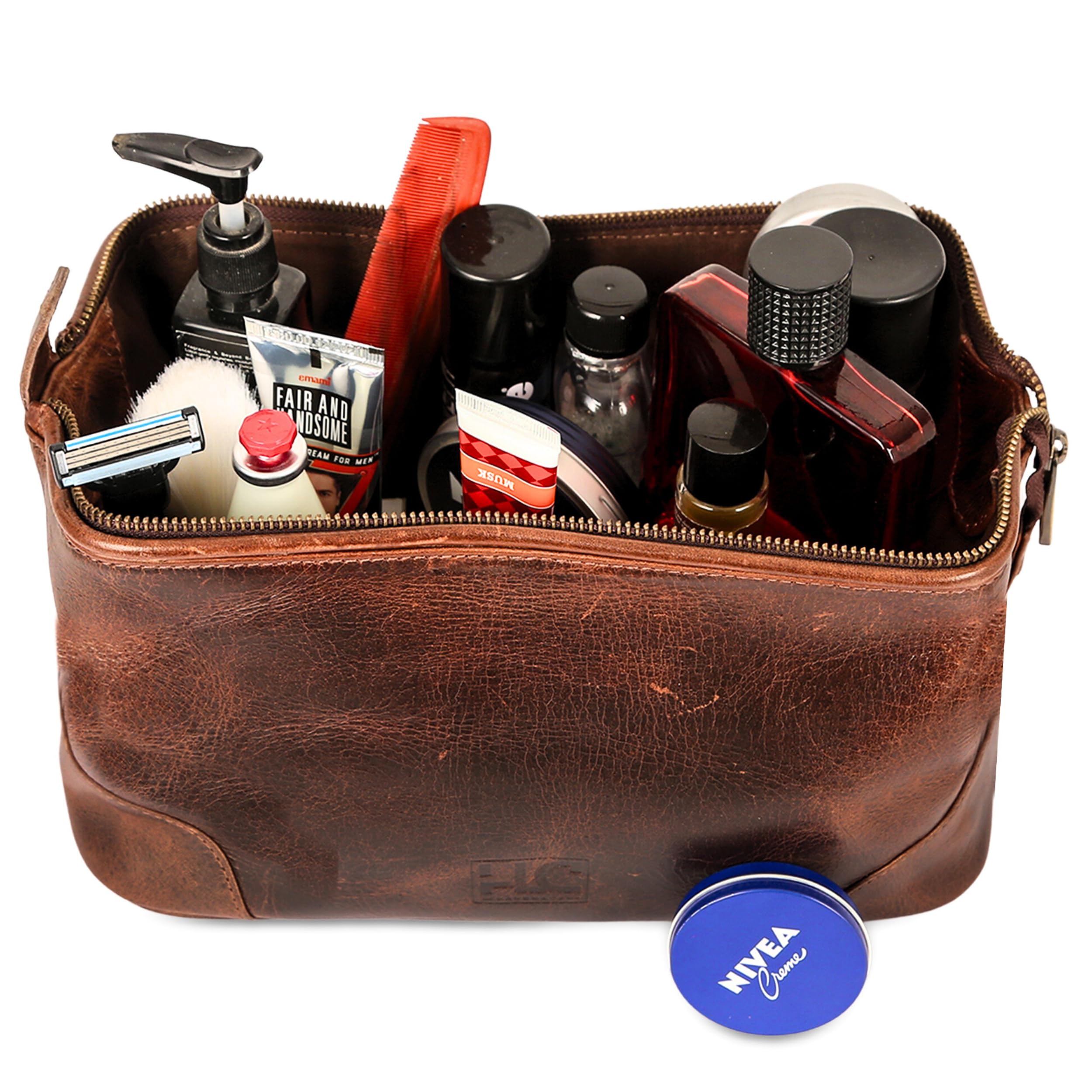 HLC Leather Toiletry Bag stitch detail adds rustic charm and durability