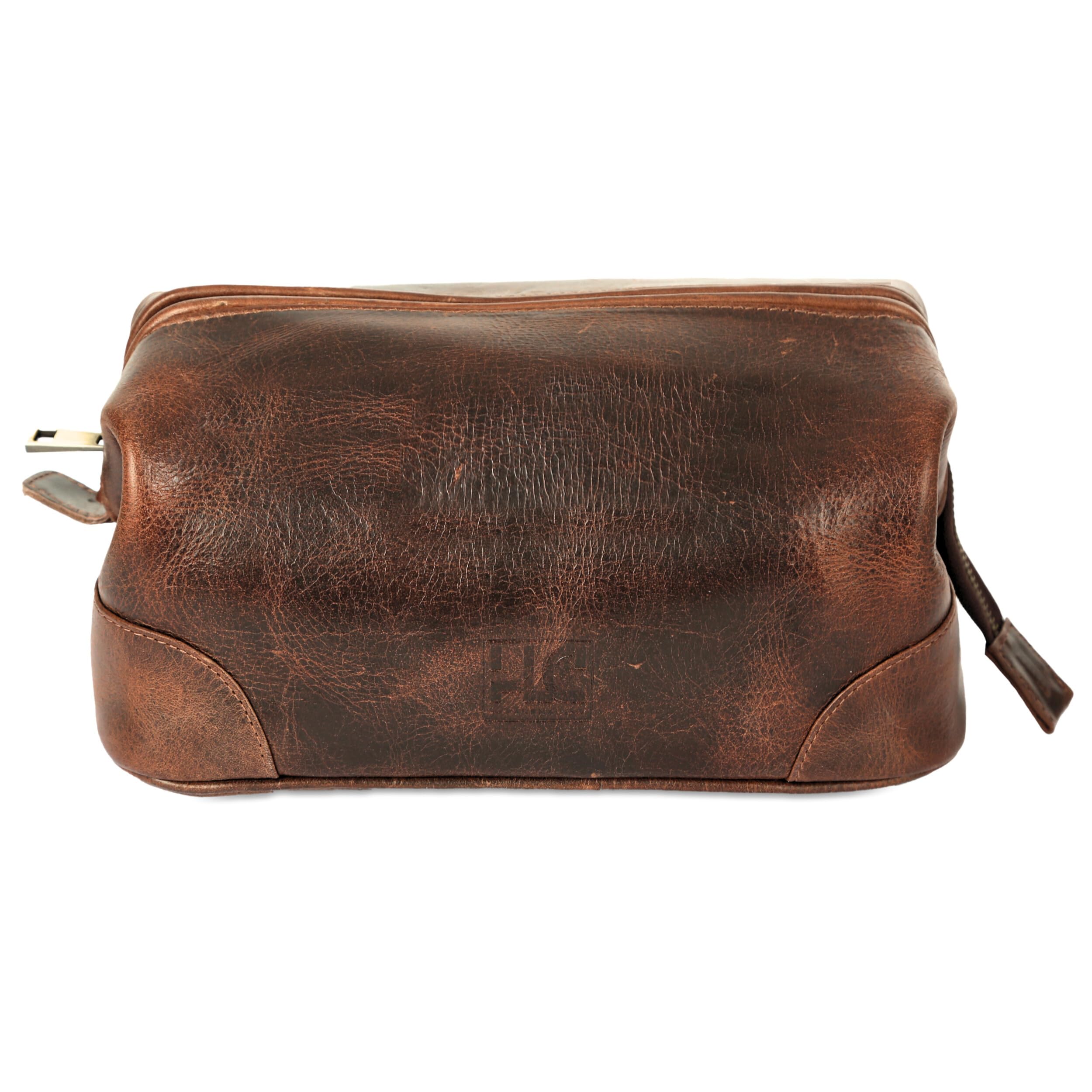 HLC Leather Toiletry Bag styled shot shows timeless gentleman’s travel accessory
