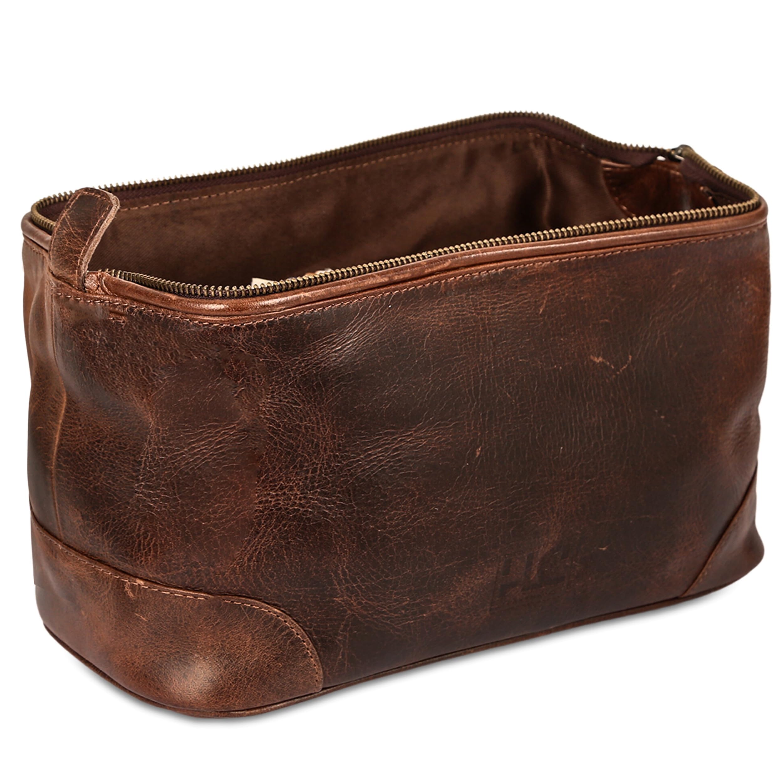 HLC Leather Toiletry Bag top view reveals generous interior for grooming essentials