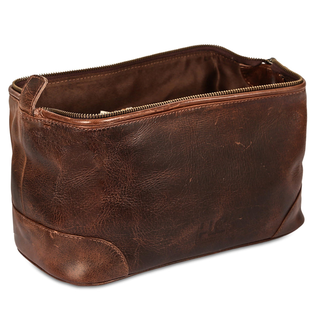 HLC Leather Toiletry Bag top view reveals generous interior for grooming essentials