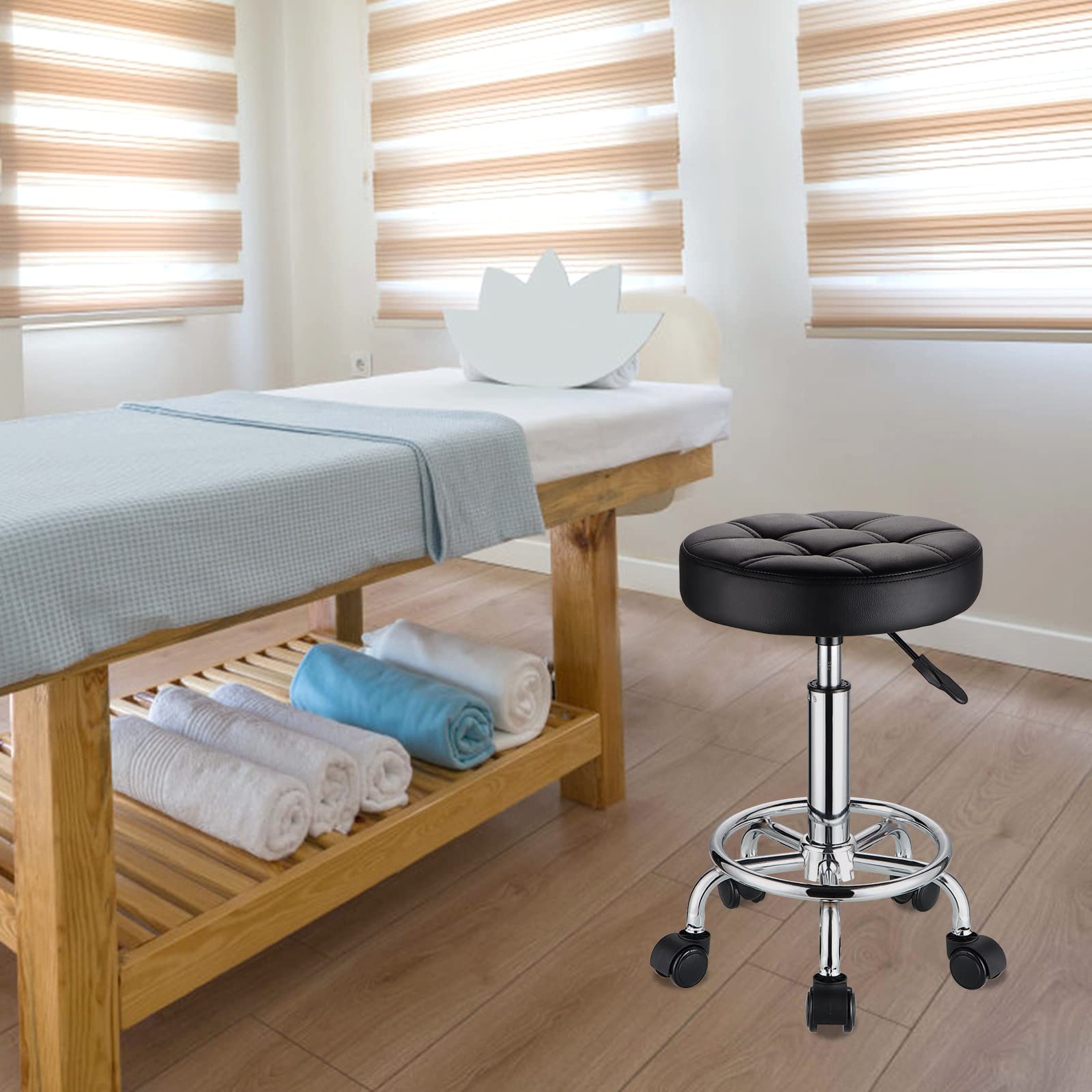 HMTOT round rolling stool showing 360 degree swivel for flexible seating