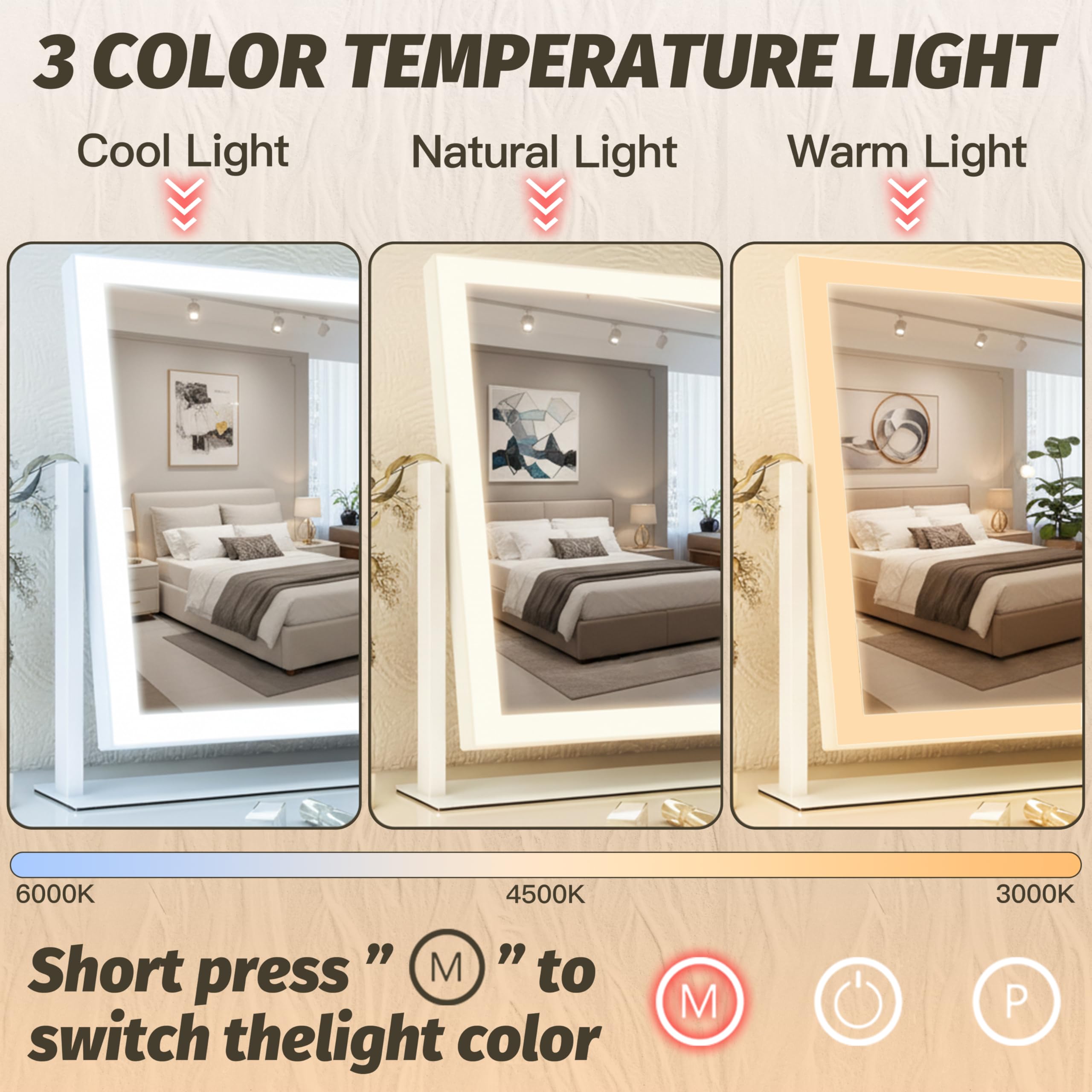 HNV Hollywood vanity mirror with 3-color LED offers versatile lighting.