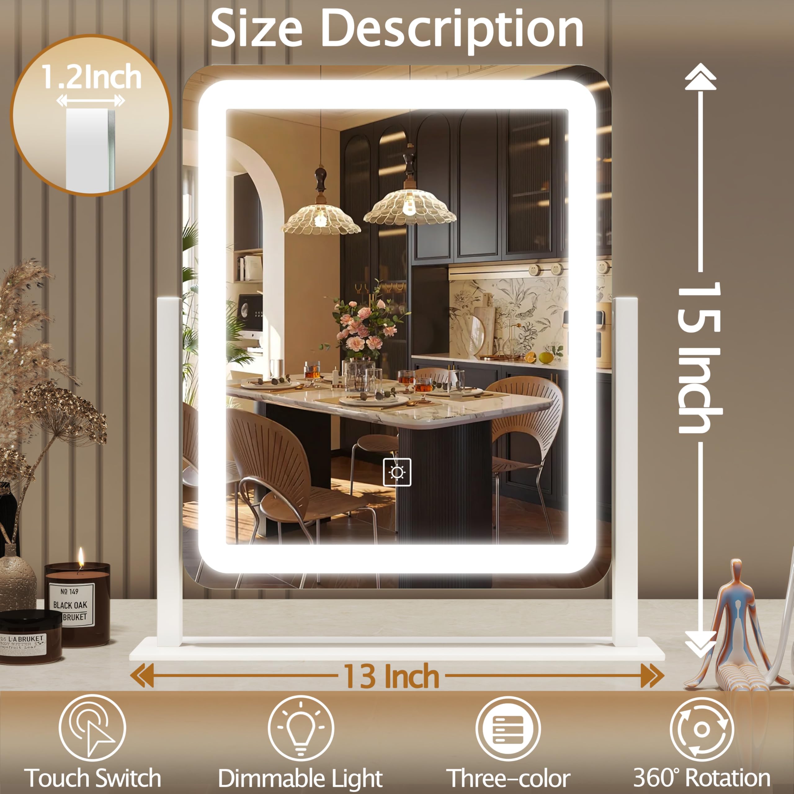HNV Vanity Mirror with 3-color LED lighting for accurate makeup under any lighting.