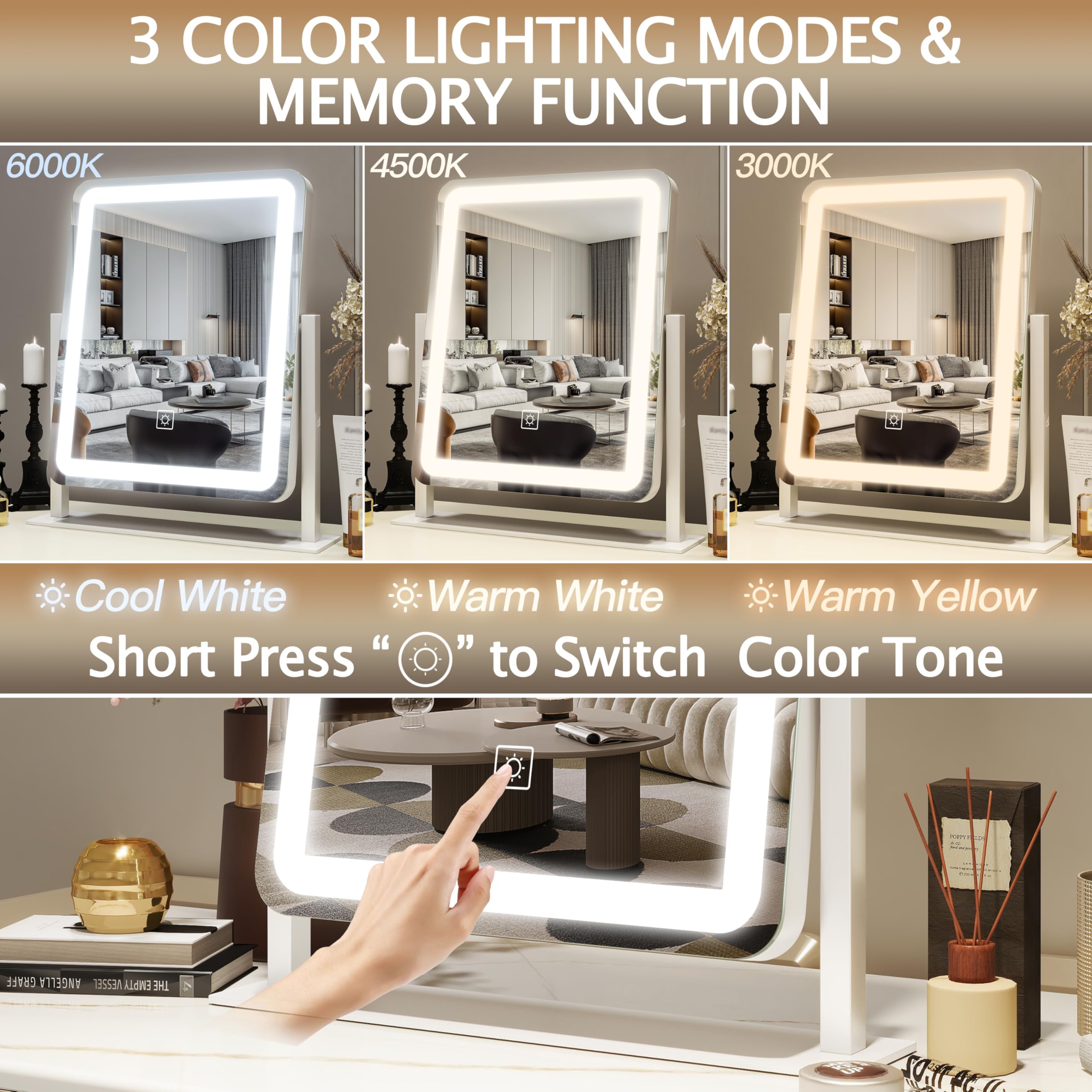 HNV Vanity Mirror 360-degree rotation for the perfect angle every time.