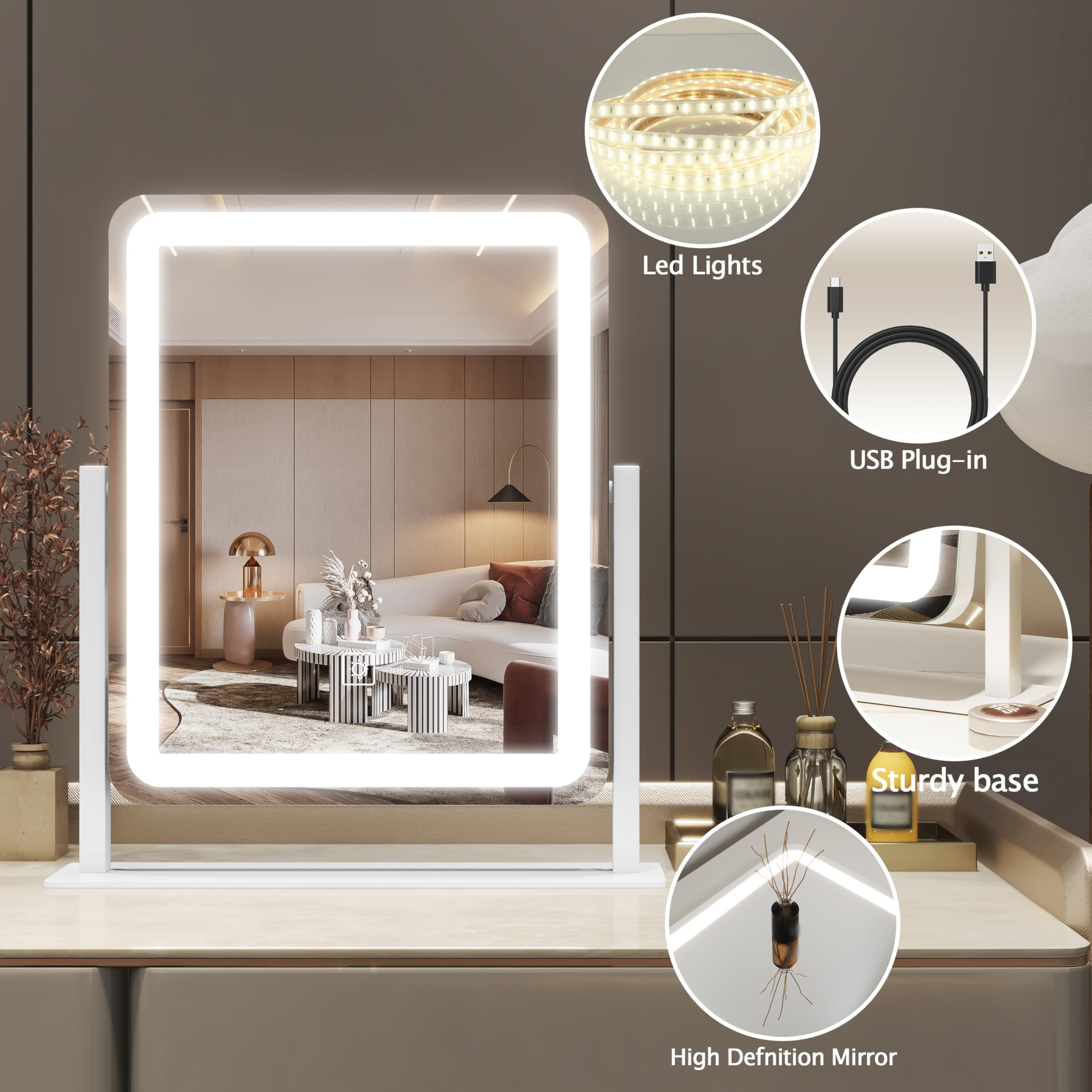 HNV Vanity Mirror tabletop design fits desks and dressers for compact setups.