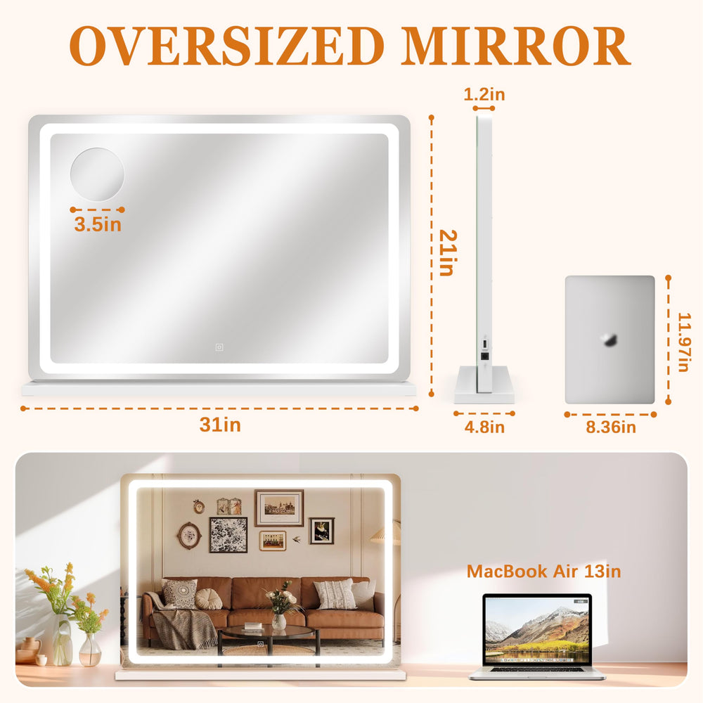 HNV white vanity mirror with desk mount blends clean design and flexible placement