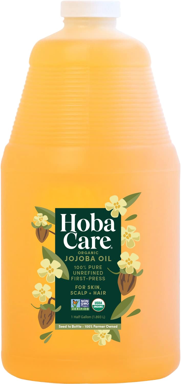 HobaCare jojoba oil bottle close-up, pure skin-softening carrier for face and body.