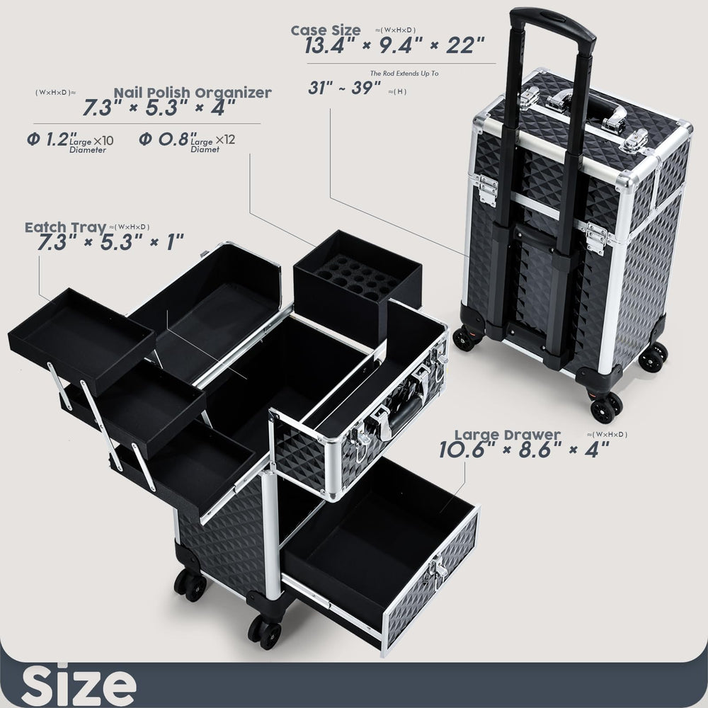 Hododou rolling makeup case dimensions show space for large tools and palettes.