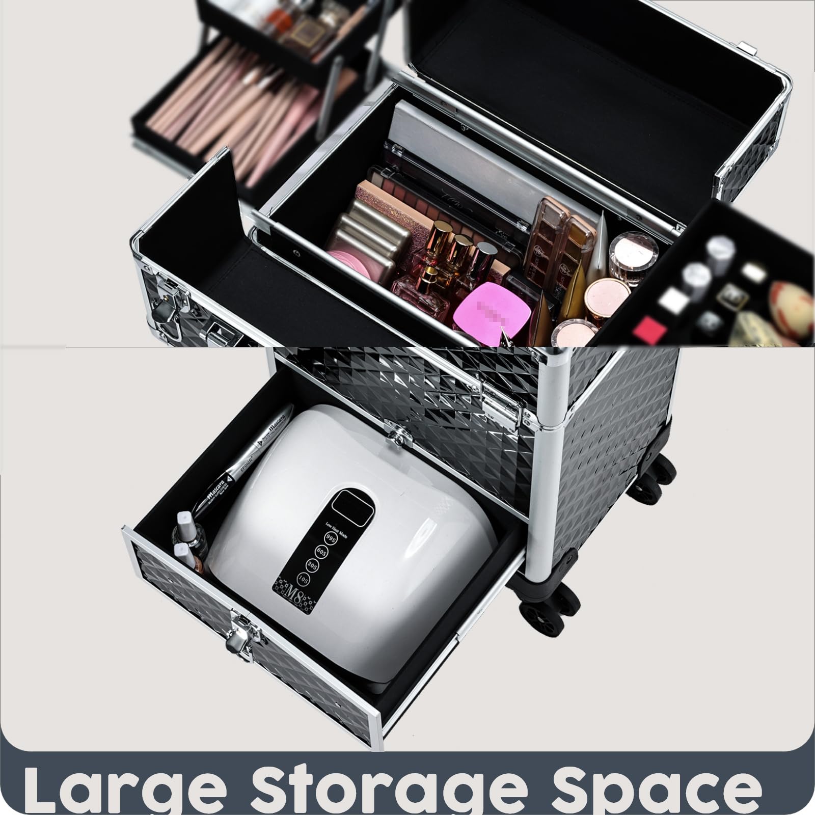 Hododou rolling makeup case locking-drawers enable privacy on the move.
