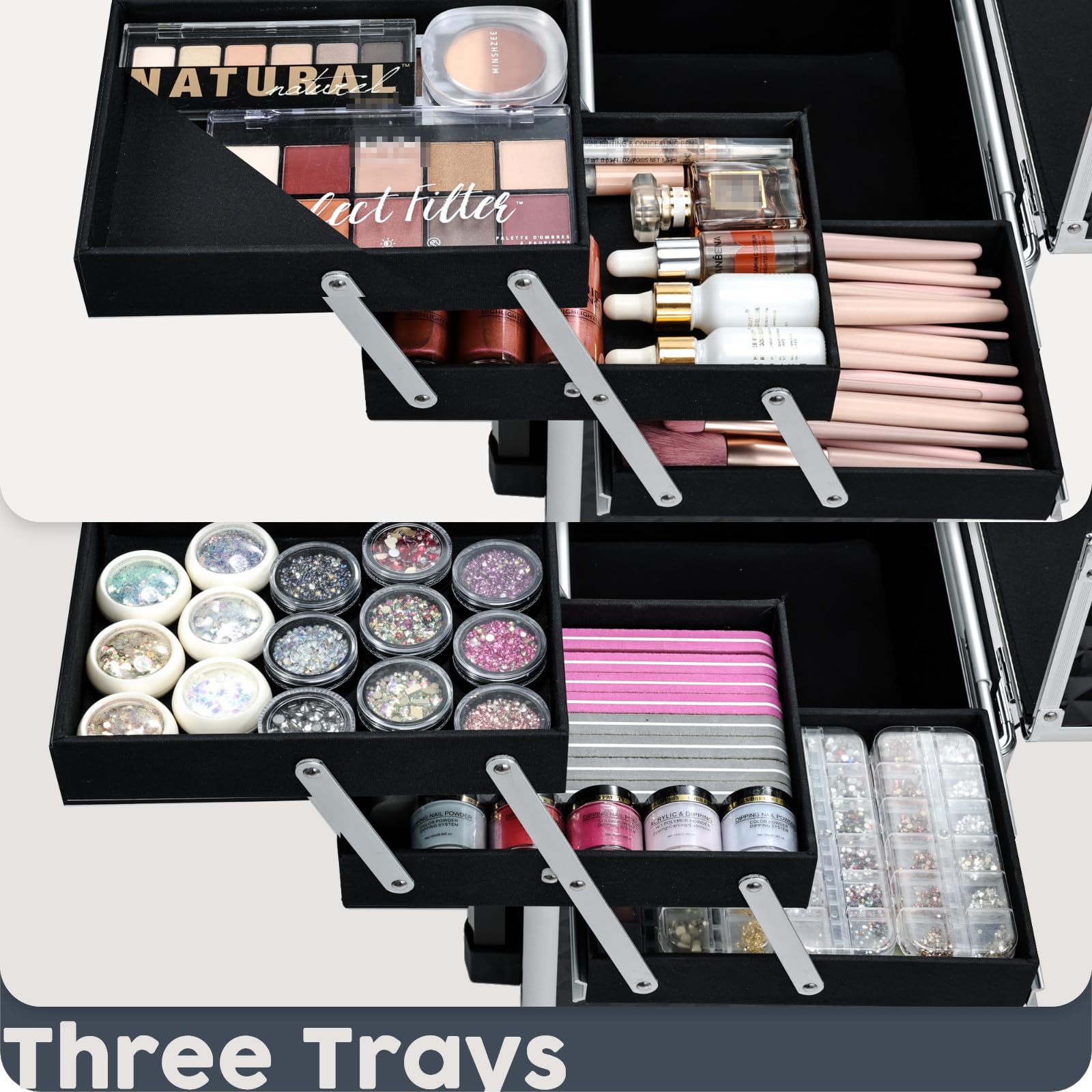 Hododou rolling makeup case tray organization keeps palettes and brushes neat.