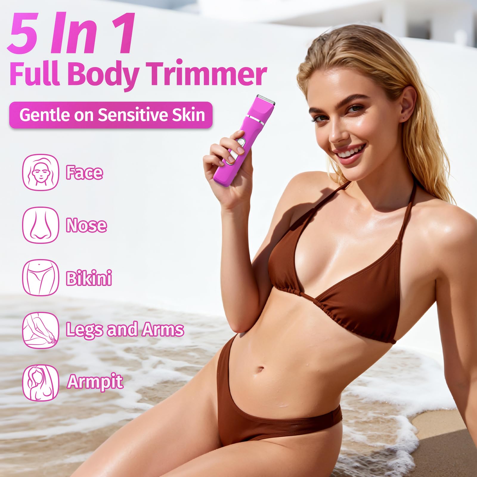 HOHOLE bikini trimmer rose-pink interchangeable heads for facial, body, and bikini grooming