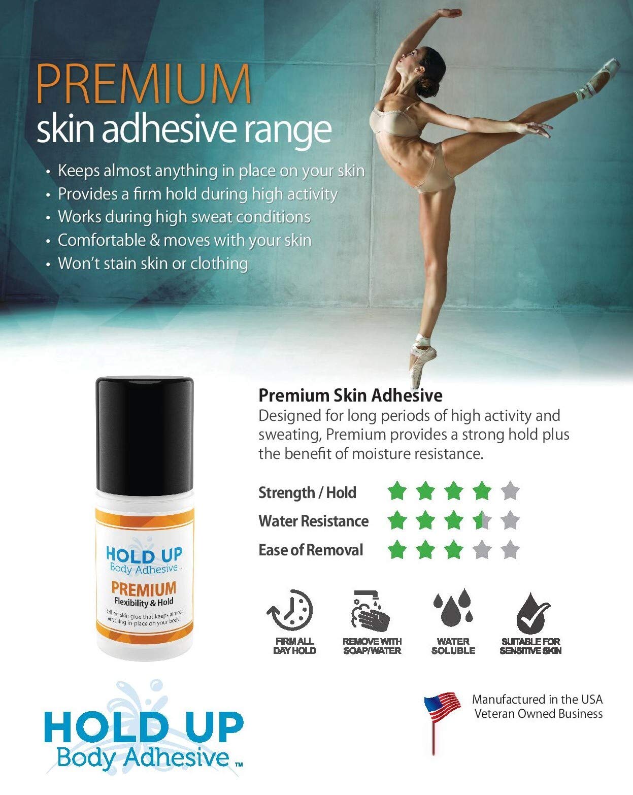 Hold Up Body Adhesive sweat-resistant formula keeps outfits in place during activity.